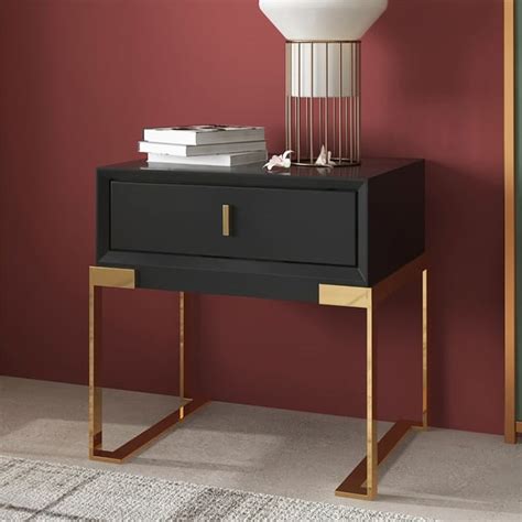 Black Bedroom Nightstand With Drawer Bedside Table Stainless Steel Base Homary