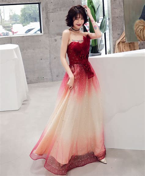 Burgundy Tulle Sequin Long Prom Dress Tulle Evening Dress Shopluu