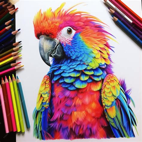 Premium Photo | Brightly colored pencil drawing of a parrot with a ...