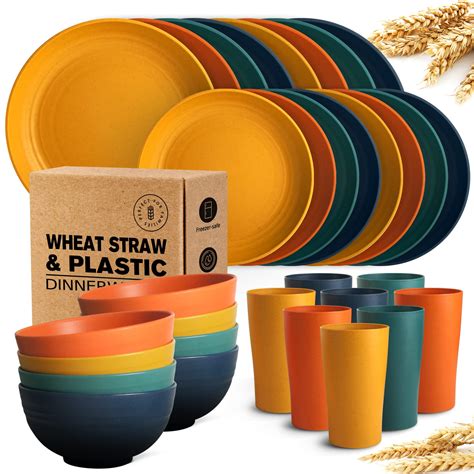 Teivio 32 Piece Kitchen Plastic Wheat Straw Dinnerware Set Service For