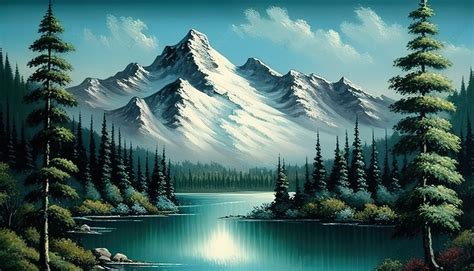 An Oil Painting Of The Mountains And The Water Background Bob Ross