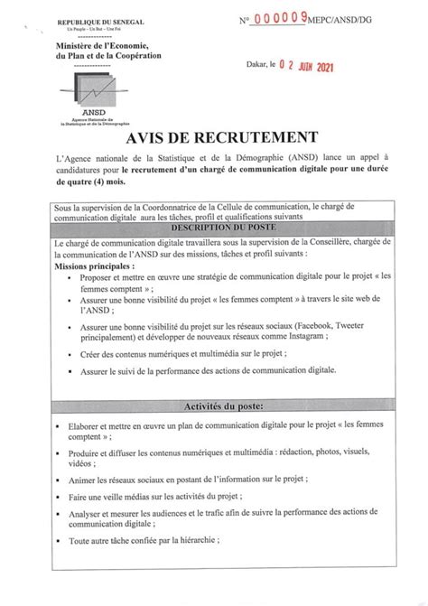 Avis de recrutement d un chargé de communication digital Dakar