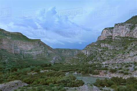 View of Nazas River at dusk in area of Canon de Fernandez in Durango ...