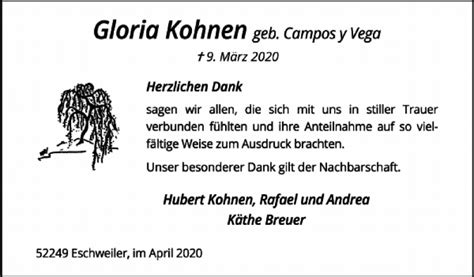 Traueranzeigen Von Gloria Kohnen Aachen Gedenkt