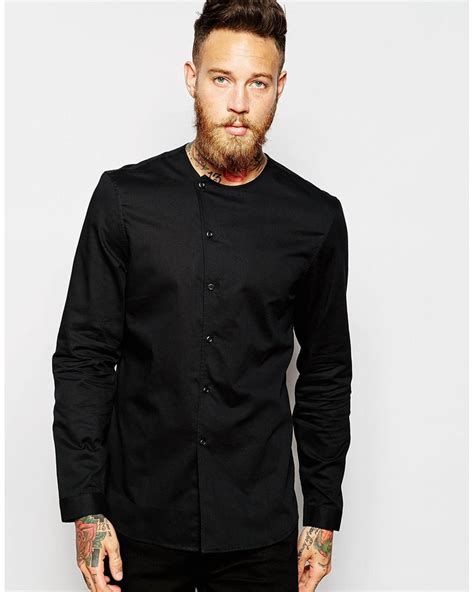 Asos Collarless Shirt With Asymmetrical Placket In Black For Men Lyst