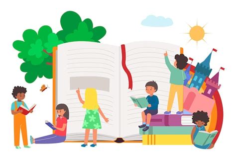 Ni Os Alegres Juntos Leen Libros Y Libros De Texto Vector Premium