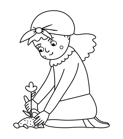 Premium Vector | Vector black and white girl planting flower with a