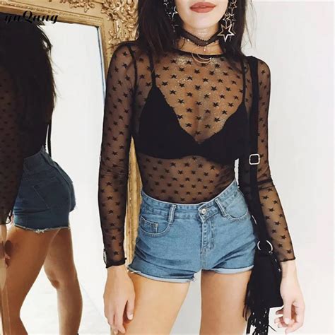 Yuqung Sexy Star Print Bodysuit Women 2017 Long Sleeve Mesh See Through