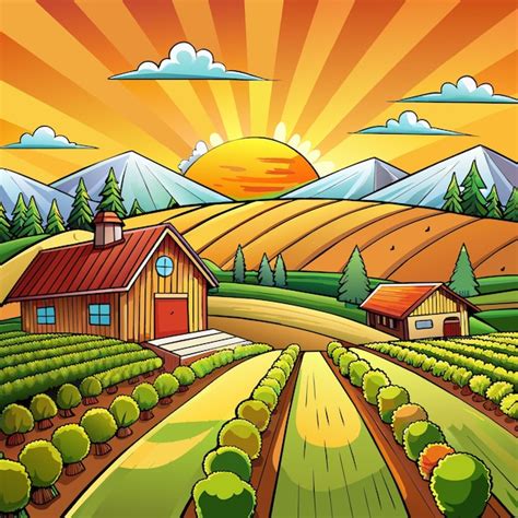 A drawing of a farm with a house and mountains in the background | Premium AI-generated vector