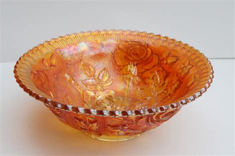 Vintage Imperial Rose Pattern Marigold Orange Carnival Luster Glass Bowl