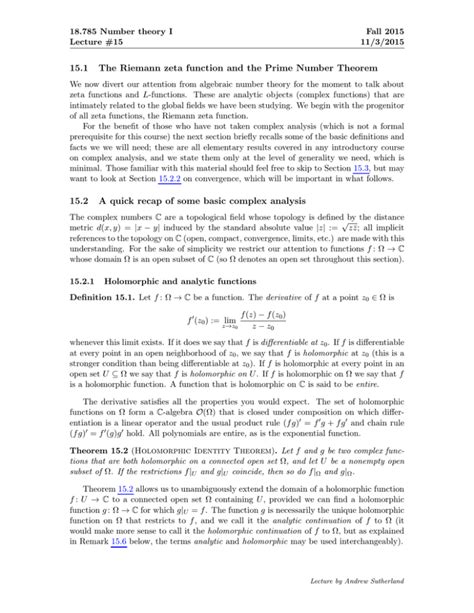 15 1 The Riemann Zeta Function And The Prime Number Theorem