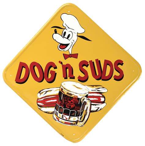 Lot Detail - DOG N' SUDS TIN SIGN W/ HOT DOG & SODA GRAPHIC.