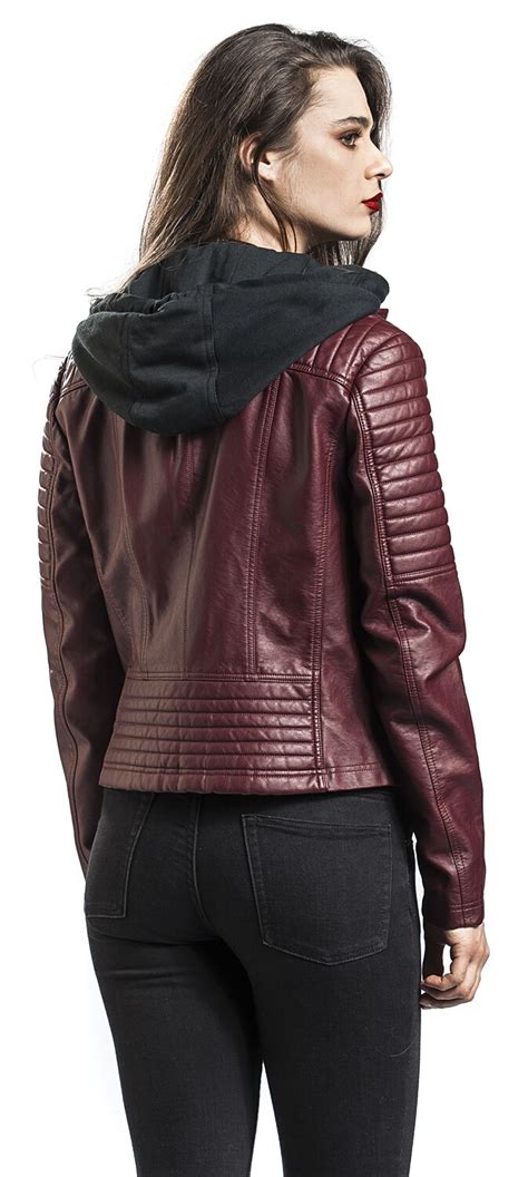 Red Faux Leather Jacket With Hood Black Premium By Emp Imitation Leather Jacket Emp