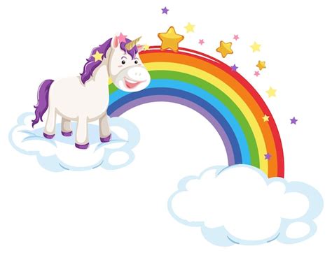 Unicornio púrpura de pie sobre una nube con arco iris Vector Gratis