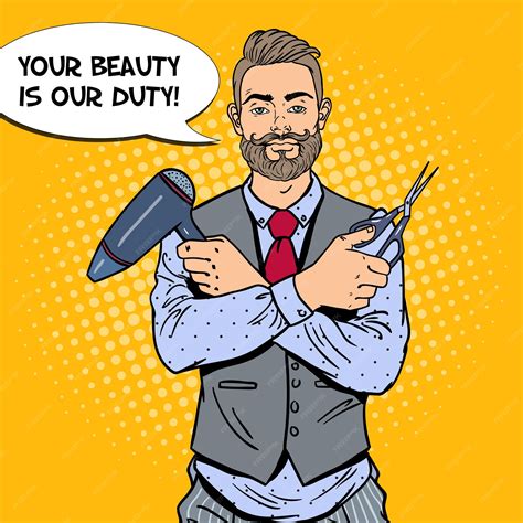 Premium Vector Pop Art Bearded Barber With Scissors And Hairdryer