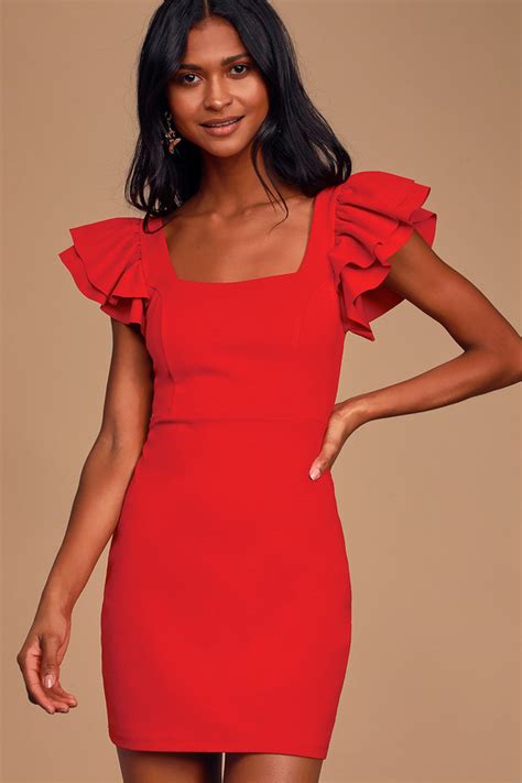 Sexy Red Dress Bodycon Dress Ruffle Sleeve Mini Dress Lulus