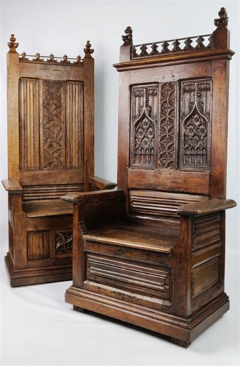 Two 16th Century Oak Throne Chairs H 170cm W 70cm D 50cm R200000