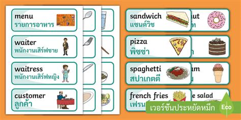 บัตรคำศัพท์ร้านอาหาร ภาษาอังกฤษ Restaurant Word Cards