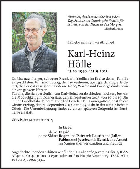 Todesanzeigen von Karl Heinz Höfle Todesanzeigen Vorarlberger Nachrichten