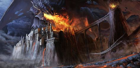 Smoke Fantasy Art Fire Black Bridge Castle Lava Dragon Hd