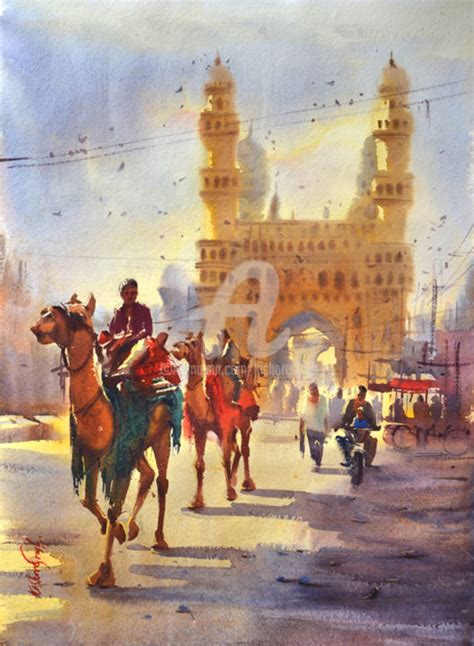 Camel Near The Charminar Watercolor On P, Painting by Kishore Singh | Artmajeur