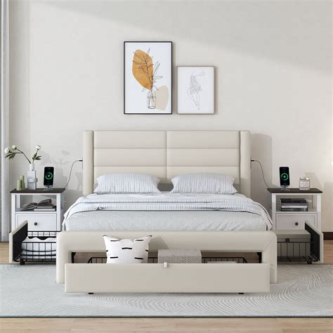 Queen Bed Frame with Storage Drawers - Upholstered Platform Bed ...