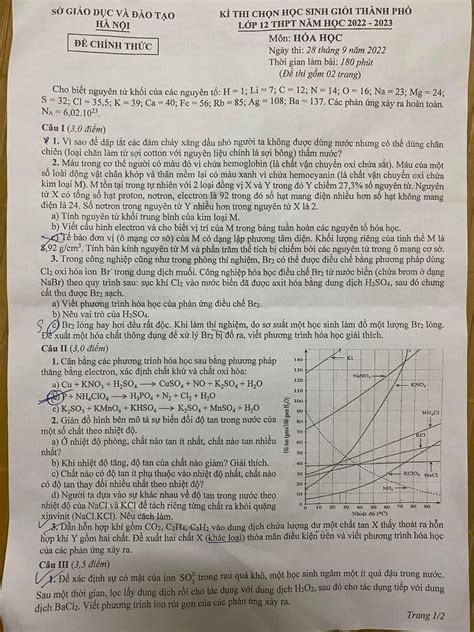 Đề thi chọn HSG môn Hóa Học lớp 12 THPT tại Hà Nội năm 2022