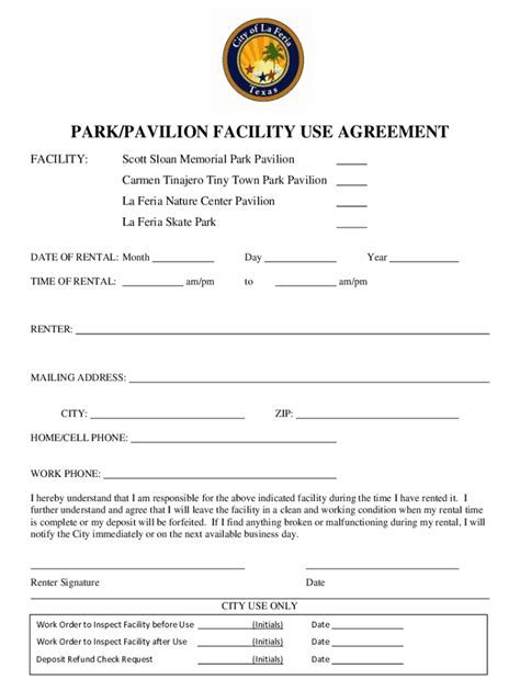 Fillable Online Park Pavilion Facility Use Agreement Fax Email Print