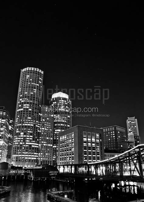 The Downtown Boston Skyline at Night black and white Photography