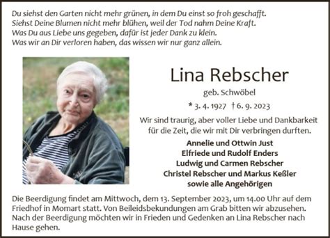 Traueranzeigen Von Lina Rebscher Vrm Trauer De