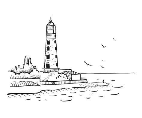 Premium Vector Lighthouse On The Seashore Contour Sketch Vector