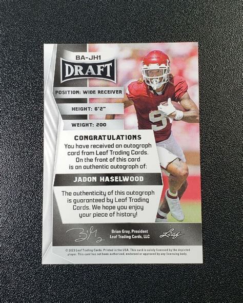 Jadon Haselwood Leaf Draft White Auto Xrc Sp Ba Jh Arkansas