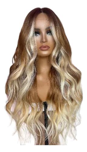 Peruca Lace Front Loira Mechas Ombré Ondulada Longa