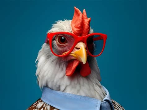 Premium Photo A Chicken Wearing A Tie And Glasses With A Blue Shirt