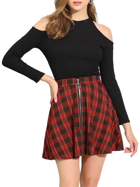 Unique Bargains Womens Tartan Plaid High Waist Zip Front A Line Skater