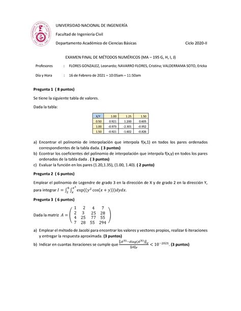 Examen Final 2020 2 Métodos Numéricos UNI Studocu