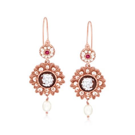 Italian Brown Shell Cultured Pearl And Ruby Cameo Drop Earrings In