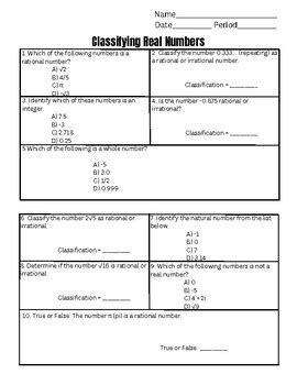 Classifying Real Numbers Worksheet By Simple Math Worksheets TPT