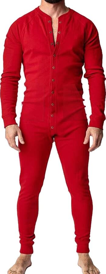 Muscle Alive Mens Long Sleeve Onesie Henley Jumpsuit Stretchy Cotton Ramper Red S Shopstyle