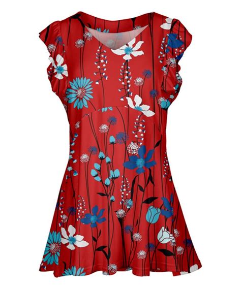 Lily Red Floral Flutter Sleeve V Neck Tunic Women Womens Tunics