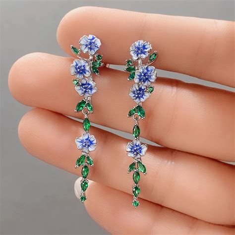 Huitan Romantic Blue Flower Long Hanging Earrings For Women Silver