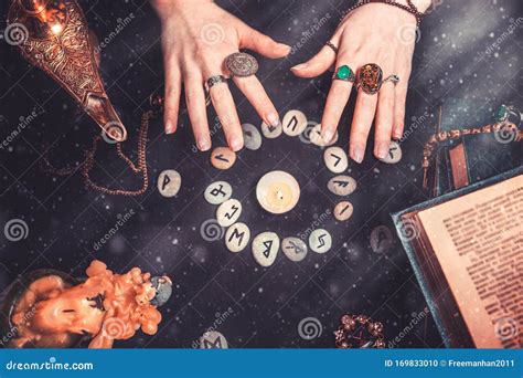 Astrology And Esotericism Female Witch Hands Conjure Over The Rune