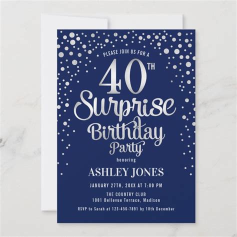 Surprise 40th Birthday Party Silver And Navy Blue Invitation Zazzle