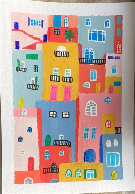 A Painting Of Colorful Buildings On A White Paper