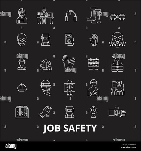 Job Safety Editable Line Icons Vector Set On Black Background Job