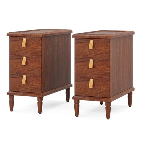 BYBLIGHT Kerlin Solid Wood Narrow3 Drawer End Table Set 2 Brown