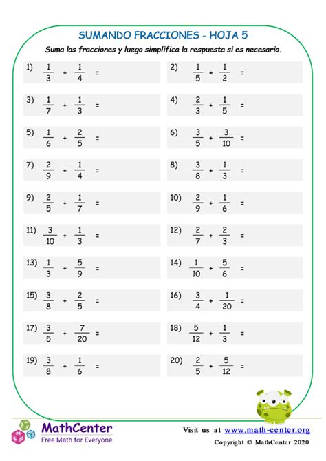 Quinto Grado Hojas De Trabajo Sumar Fracciones Math Center