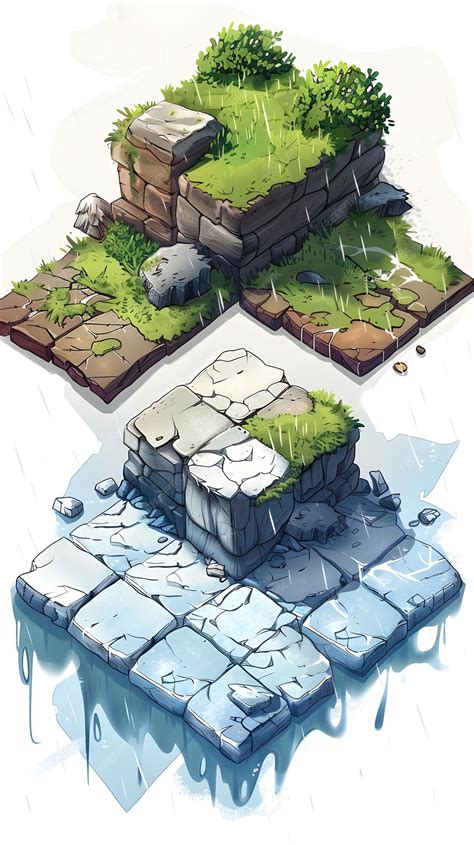 Isometric 2d Game Texture Tiles 2d Cartoon Level Ground Blocks Of Various Materials Rock Sand Ic