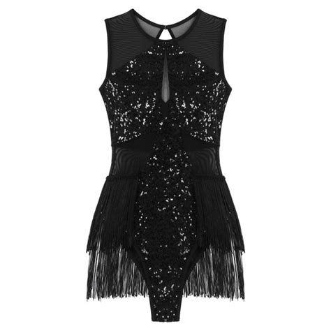 Sequin Sleeveless Leotard Sheer Mesh Patchwork Fringed Bodysuit