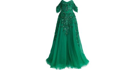 Zuhair Murad Embellished Off The Shoulder Gown In Green Lyst